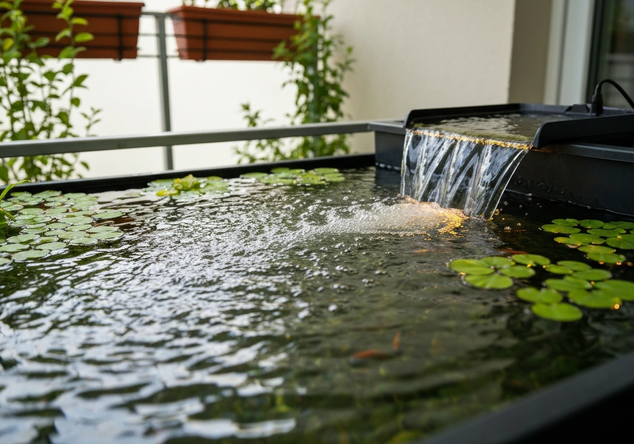Compact cascade patio pond on a balcony with clear water, glowing LED, and aquatic plants and fish.
