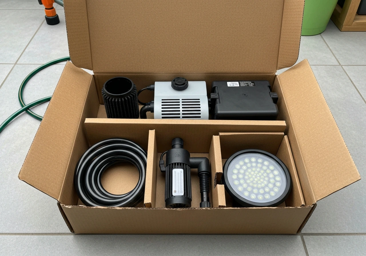 Pond kit parts laid out from an opened box: pond body, cascade filter, pump, tubing, and LED light.