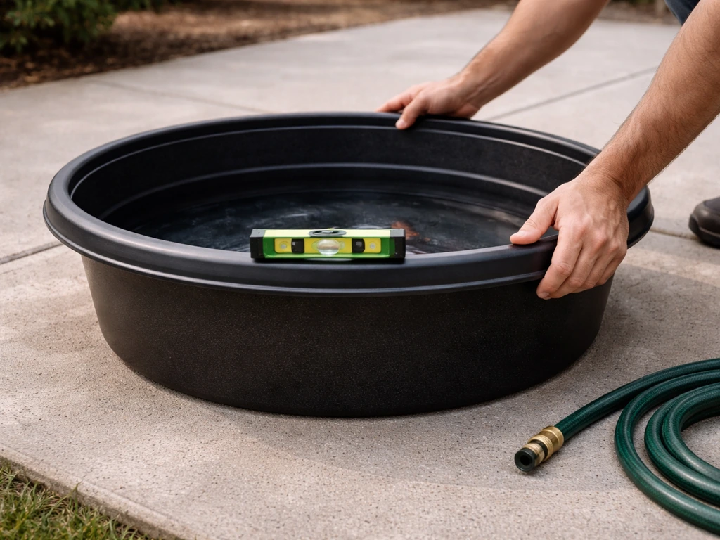 Hands checking a pond basin with a bubble level on a concrete patio before assembly.