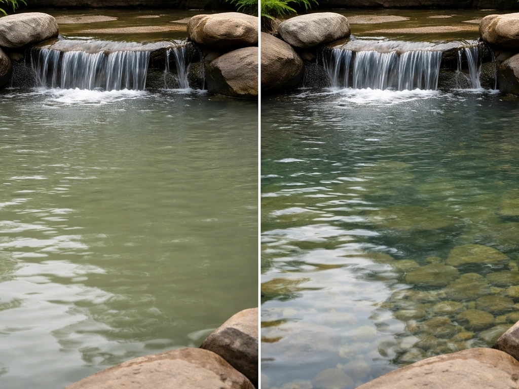 Backyard pond water looks cloudy on the left and clearer on the right, both with gentle waterfall flow.