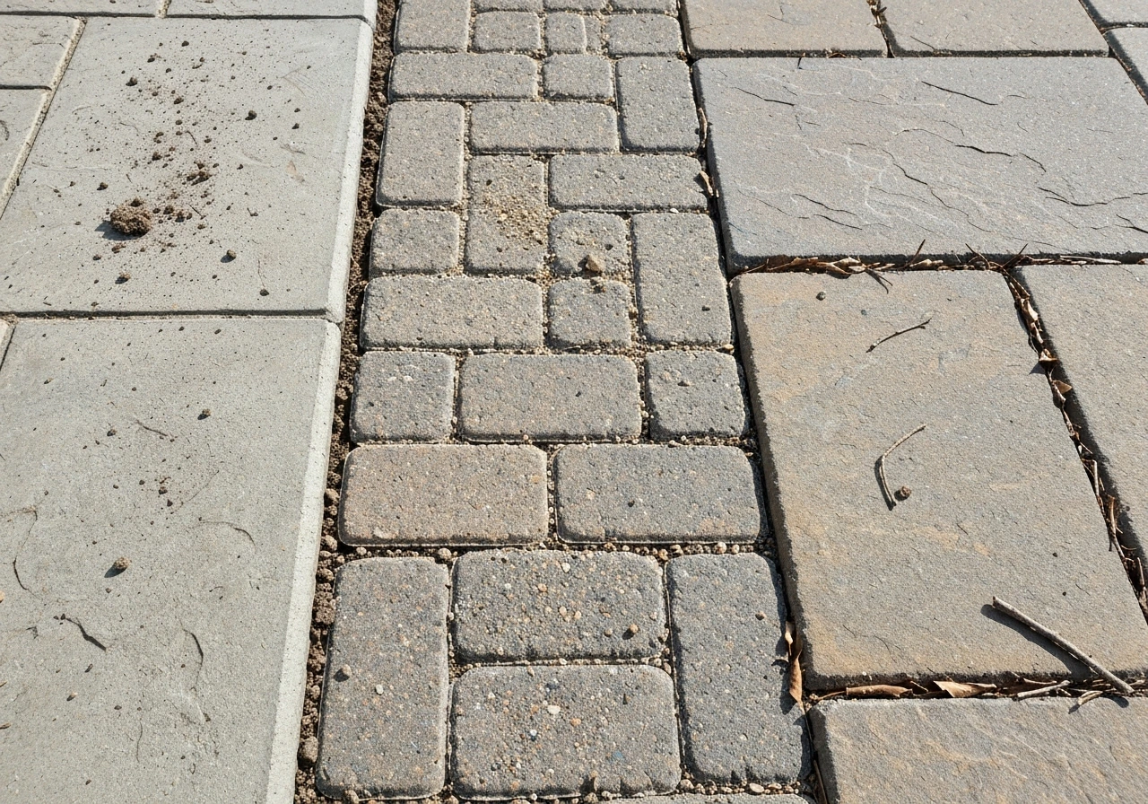 Side-by-side patio surfaces showing debris: dust on stamped concrete, grit in pavers, and leaf litter on stone.