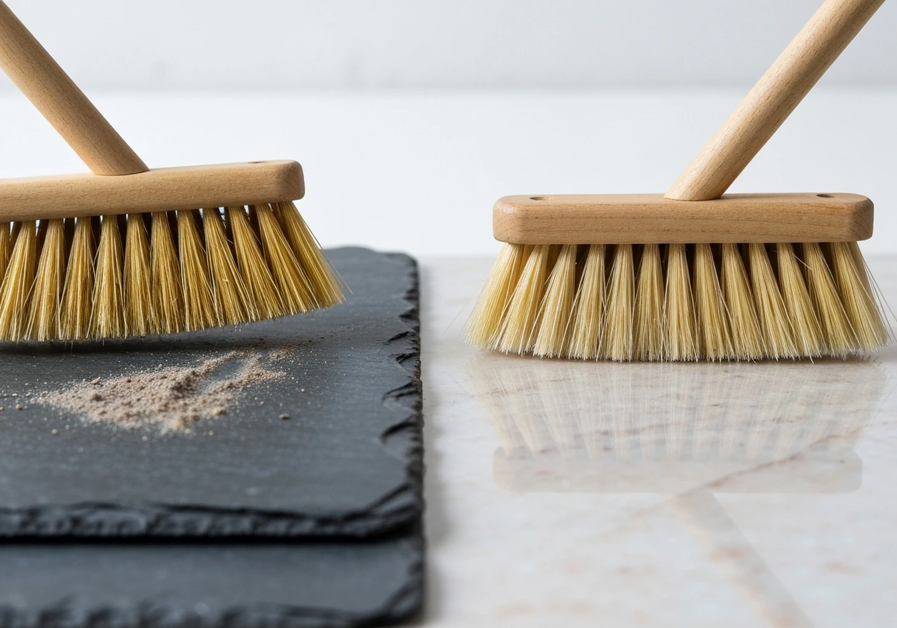 Side-by-side brooms comparing tampico and horsehair bristles over dusty slate and polished stone.