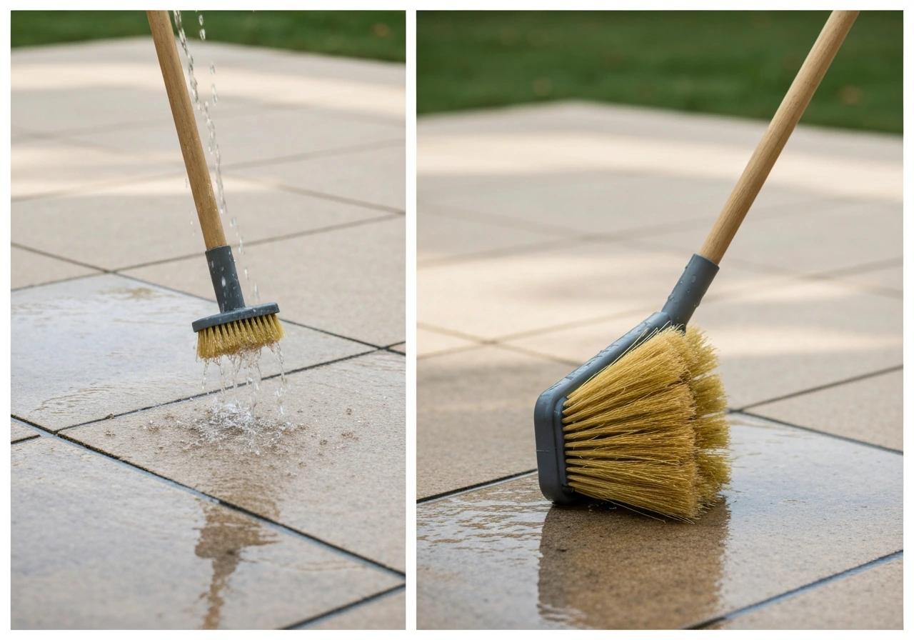 Patio broom rinsed with water and stored on its side, bristles kept away from moisture.