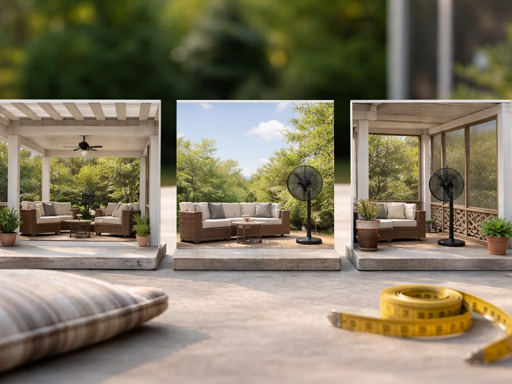 Three simple patio fan placement examples: covered pergola, open deck, and screened porch with outdoor fans.
