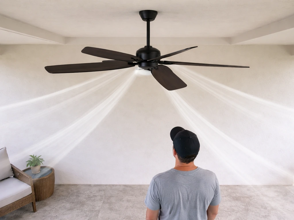 Overhead view of a quiet patio with a ceiling fan above and a person indicated by an airflow arrow.