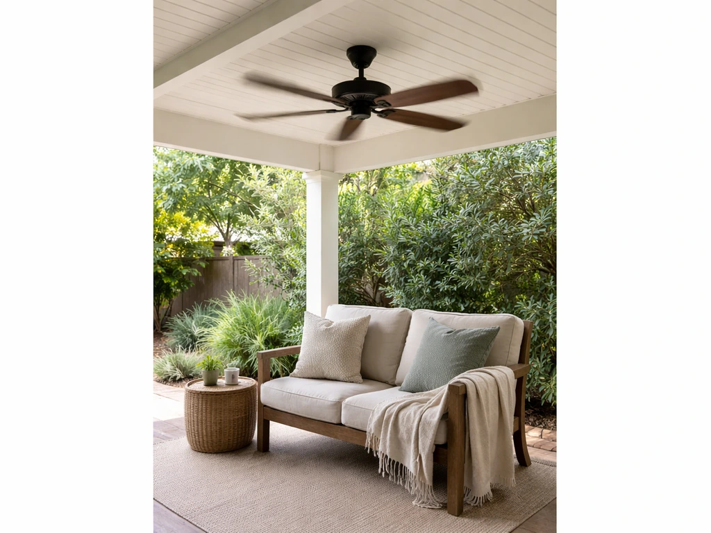 44–52 inch outdoor ceiling fan installed on a small covered patio, airflow visible over outdoor seating.