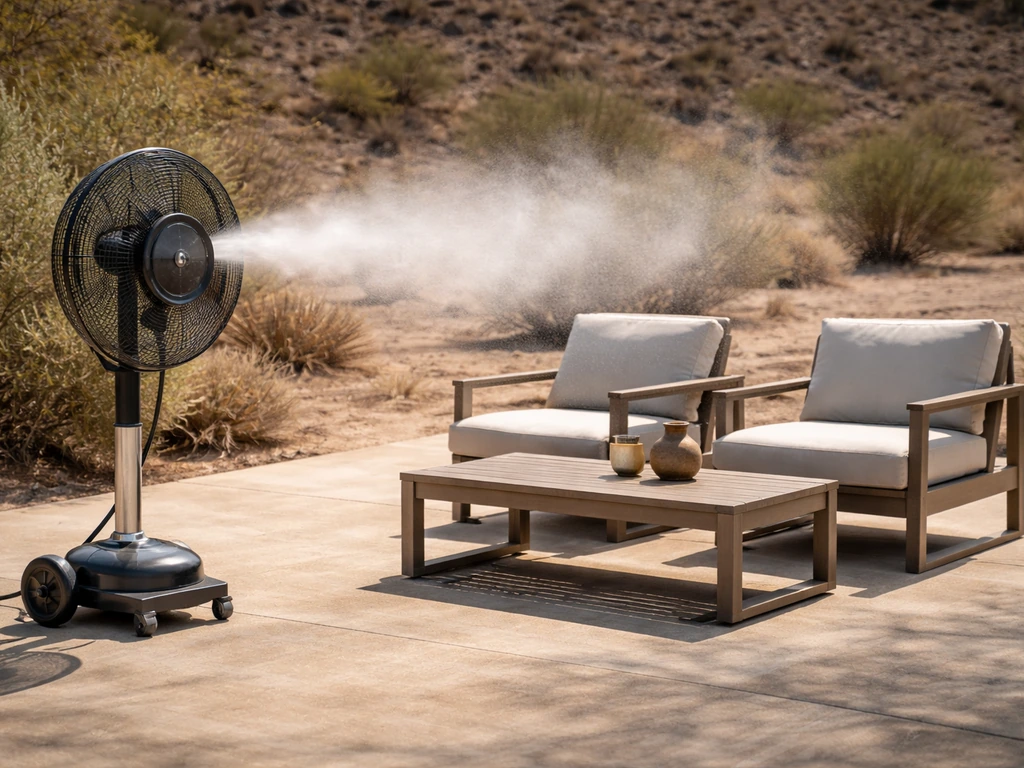 Misting fan over outdoor patio seating in a dry desert setting with visible mist plume.