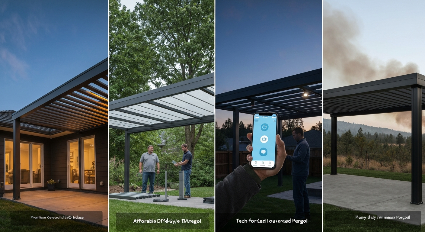 Collage of four patio systems: premium louvered pergola with LED lighting, budget DIY solid cover with polycarbonate panels, motorized smart pergola with phone control, and heavy-duty engineered pergola suited to wildfire areas.