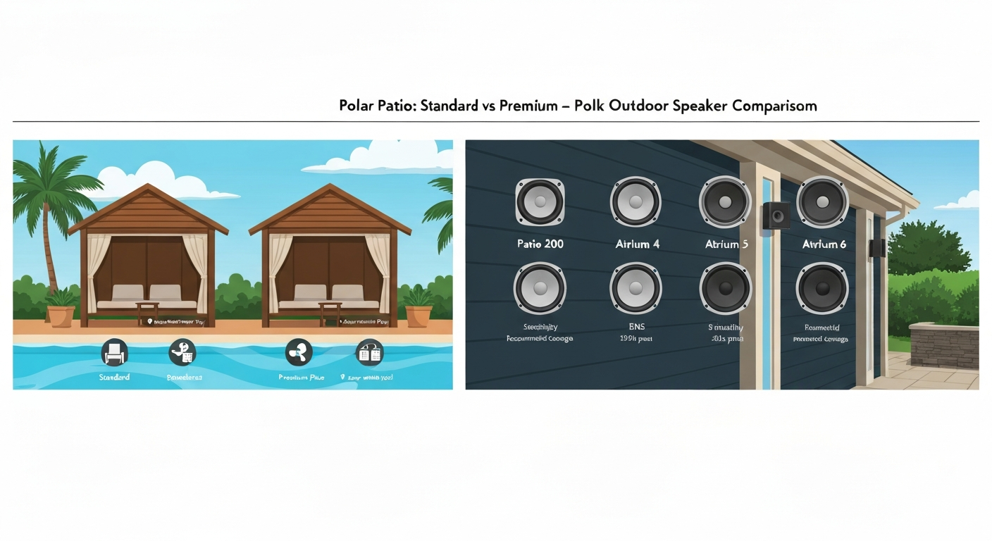 Split infographic: waterpark cabana Standard vs Premium Plus on left; residential patio with Polk Patio 200 and Atrium 4/5/6 speakers and spec callouts on right.