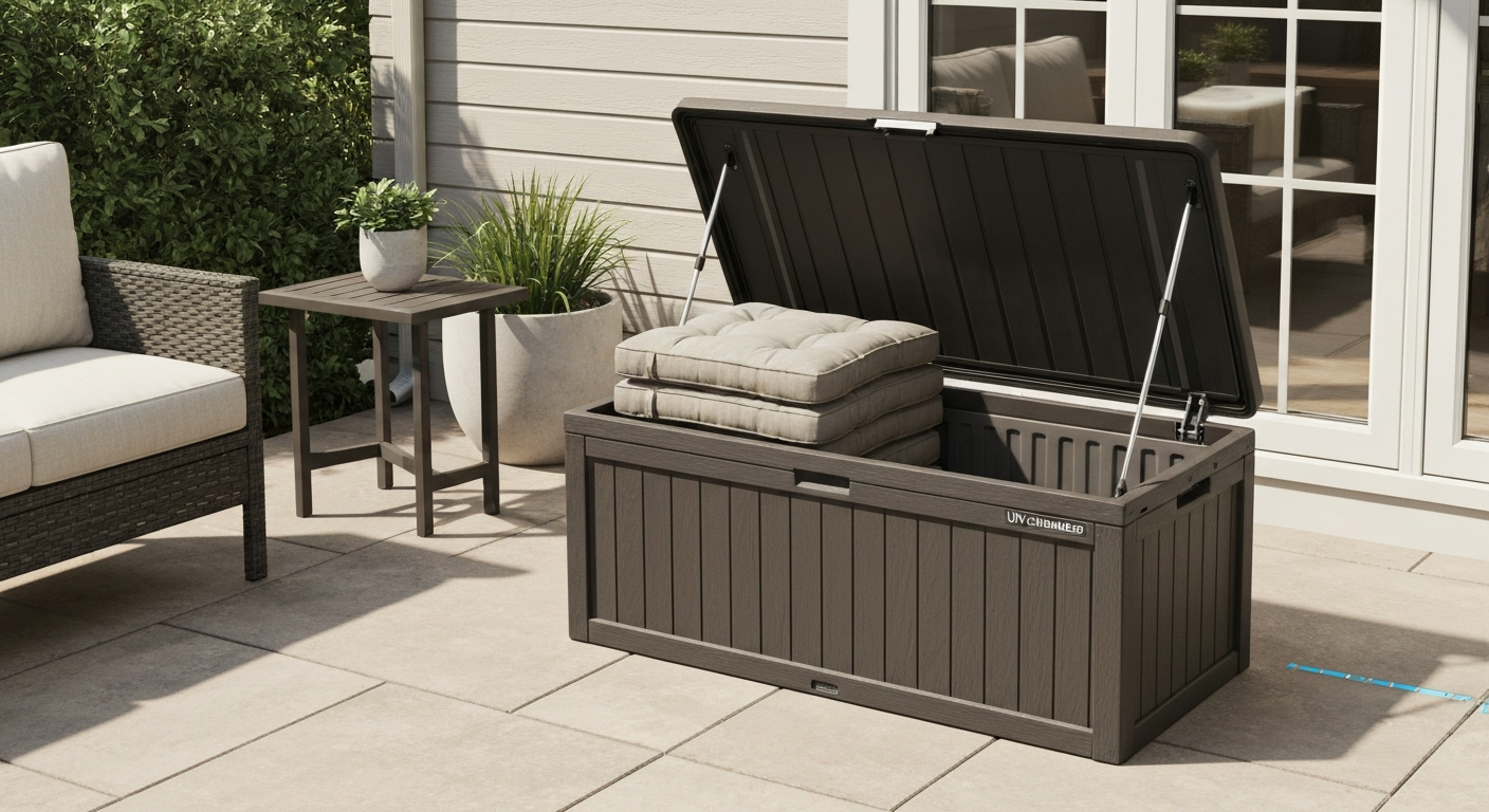 Open resin patio storage box with gas-spring lid, stacked cushions inside, visible vents and drainage, shown on a patio next to seating.