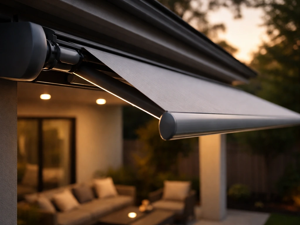 Electric patio awning extended over an outdoor patio at dusk, showing the motorized roll-out mechanism.