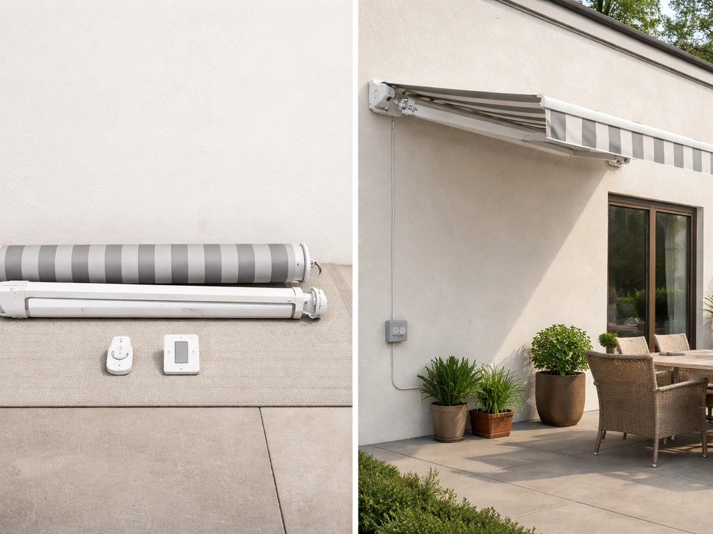 Split image of two electric patio awning setups: product-only parts vs a fully installed awning with electrical access.