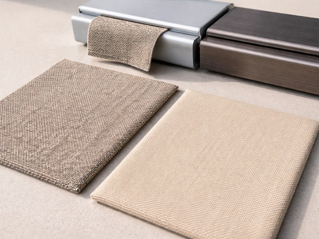 Close-up of fabric swatches and an awning frame finish showing acrylic vs polyester textures