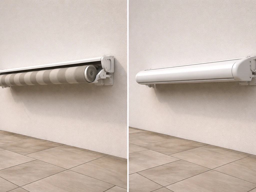 Side view of two retracted awnings: left open-roll fabric exposed, right cassette housing enclosing the fabric.