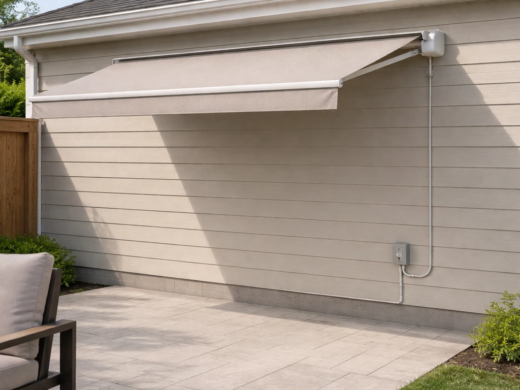 Small patio with a mounted motorized awning and nearby outdoor outlet, showing professional installation setup.