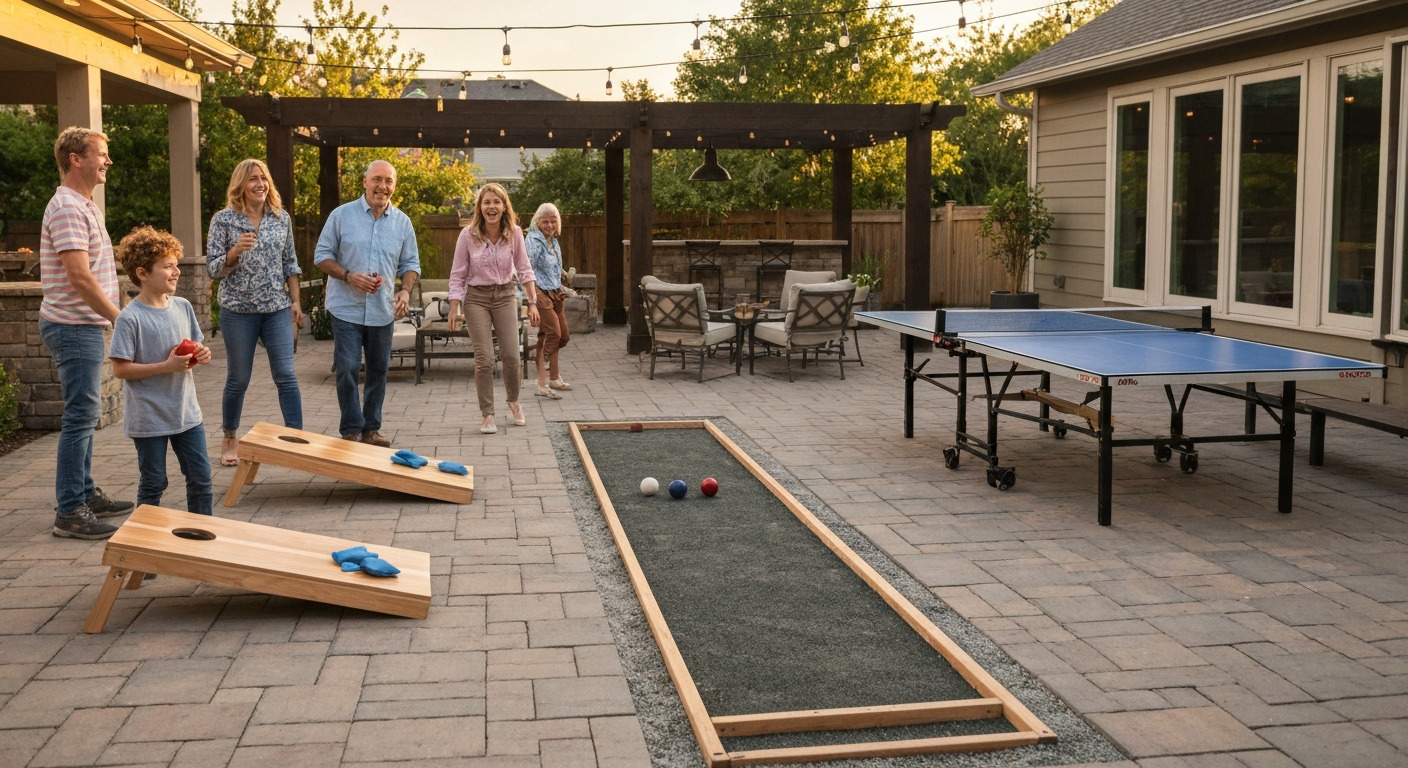 Medium suburban patio at sunset with people of different ages playing cornhole, bocce, Kubb, and table tennis.