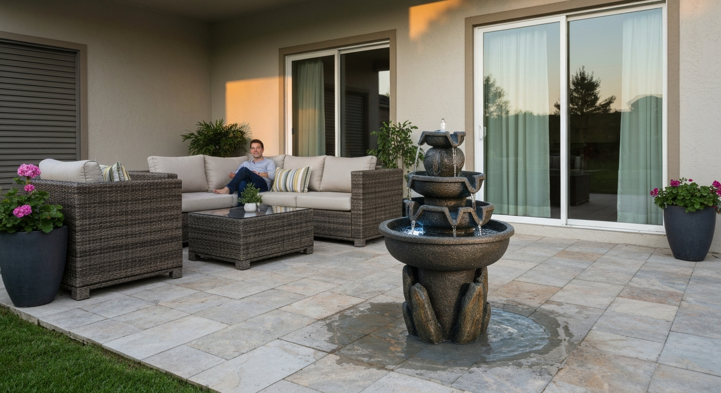 Mid-size freestanding resin patio fountain on a stone patio with seating and plants, showing scale and gentle water flow.