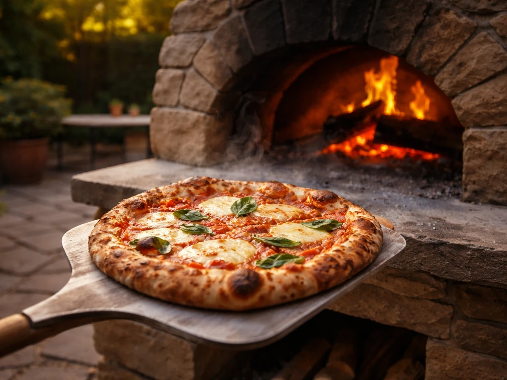 A Neapolitan-style pizza fresh from a patio stone pizza oven, warm glow and inviting outdoor setting.