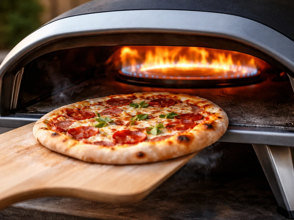 Close-up of an in-use propane outdoor pizza oven with glowing burner and a pizza sliding into the stone.