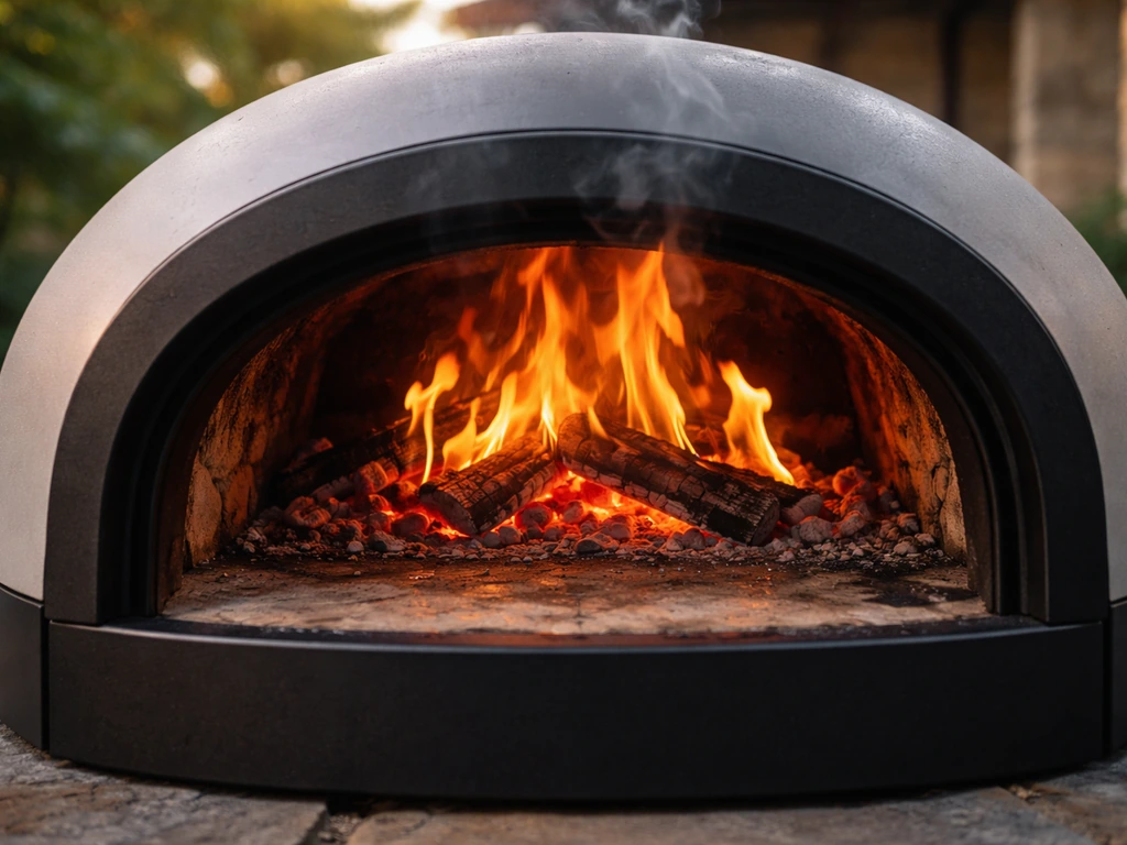 Outdoor wood-fired dome pizza oven with glowing embers and flames inside the thick stone hearth.