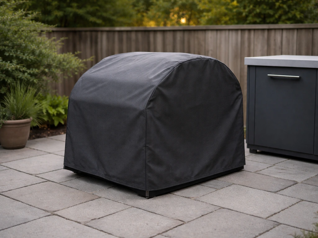 Outdoor patio pizza oven with a fitted weatherproof cover and side storage setup