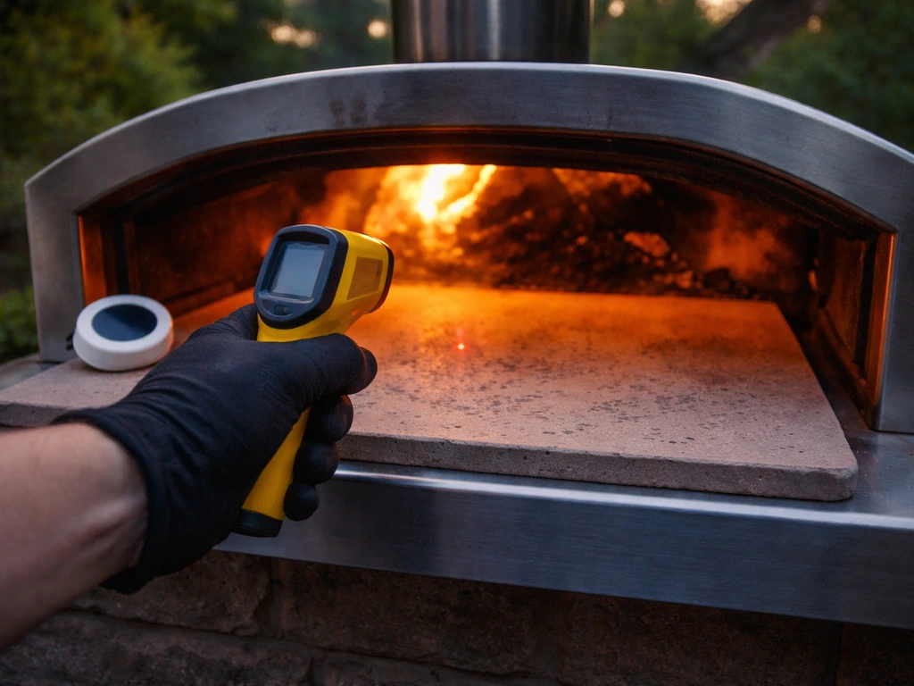 Chef uses an infrared temp gun on a scorching pizza stone with a timer nearby in a backyard oven setup.