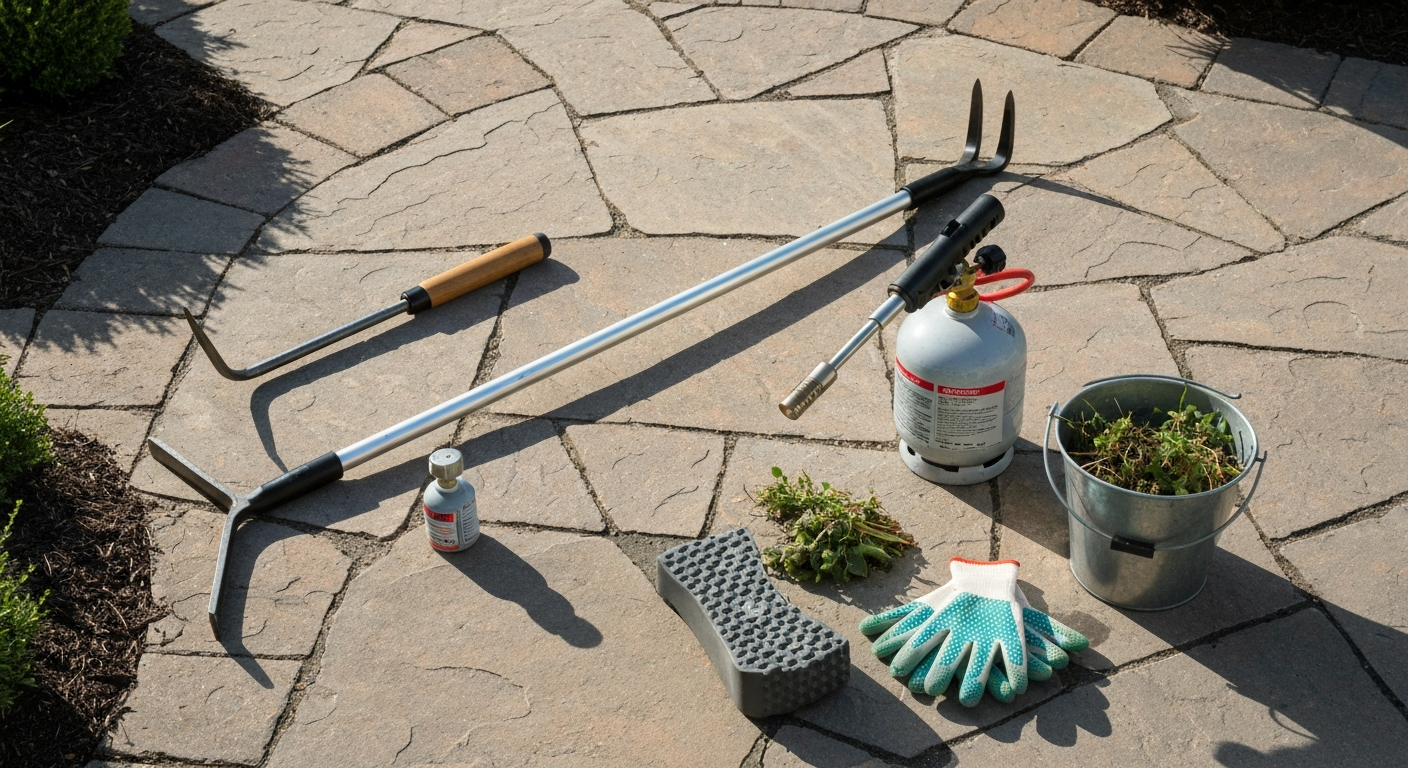 Patio weeder toolkit on a sunlit paver patio: a curved hand weeder, long-hand stand-up claw weeder, propane torch, bucket of weeds, gloves and kneeling pad.