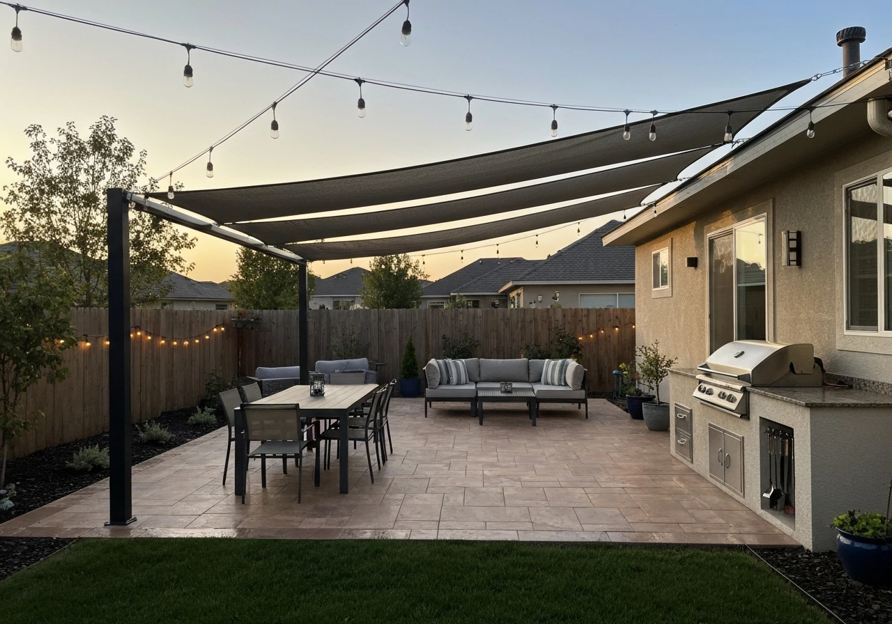 Inviting backyard patio with separate dining, lounge, and grill zones under climate-appropriate shade.