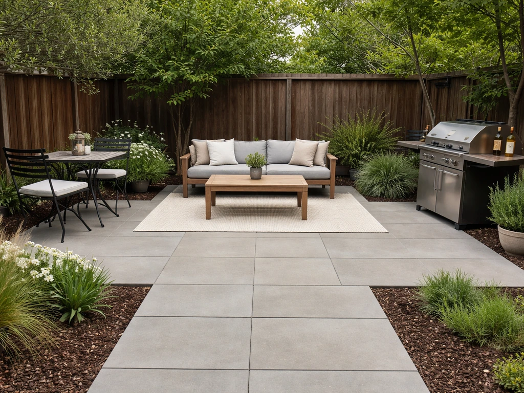 Patio split into three zones: dining set, lounge seating, and a compact grill on a rectangular patio.