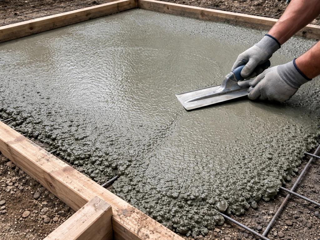 Close-up of a concrete patio being poured and finished with visible forms and rebar/mesh