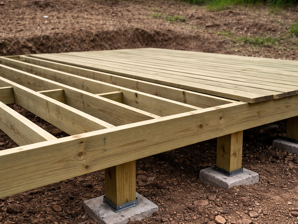 Pressure-treated deck boards being installed over uneven ground with visible level framing and support posts