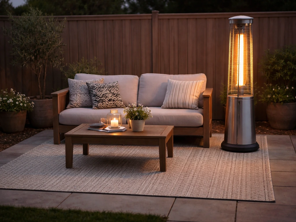 Cozy patio with an outdoor rug beneath seating and a warm electric heater for cooler evenings