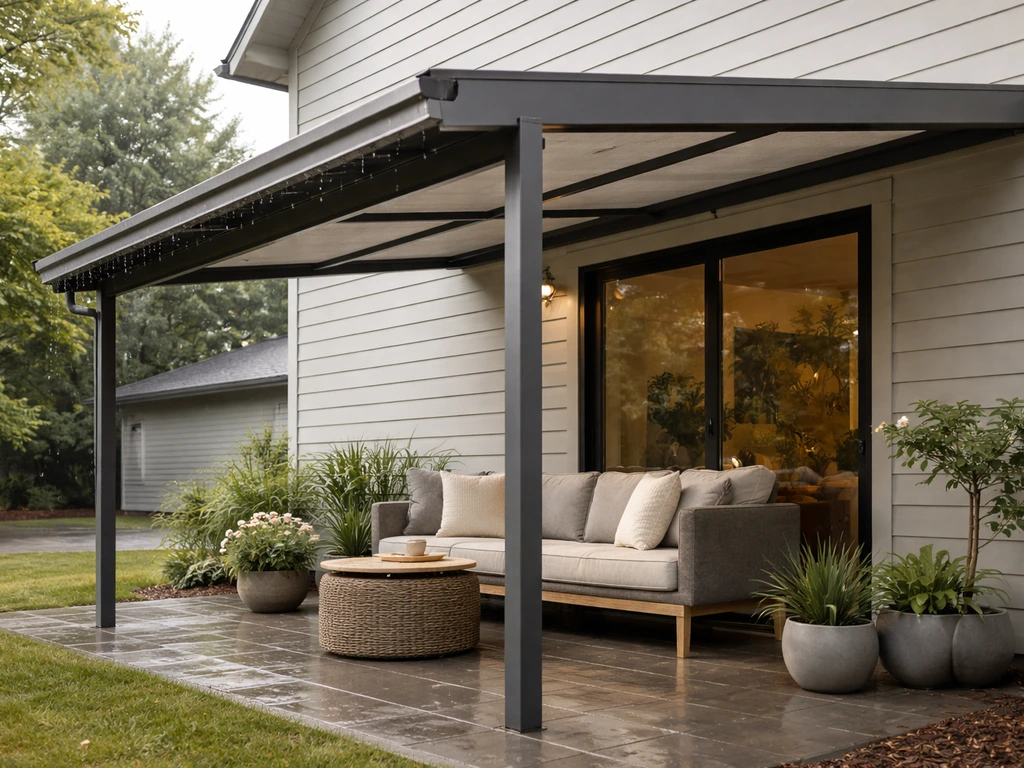 Stylish covered Portland patio with a rain-shedding awning, shaded seating, and a comfortable outdoor feel.