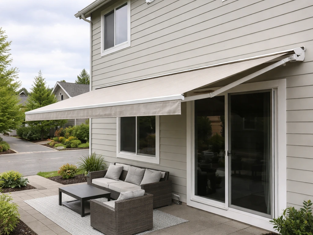Installed retractable awning and patio cover on a Portland-area home exterior, no people.