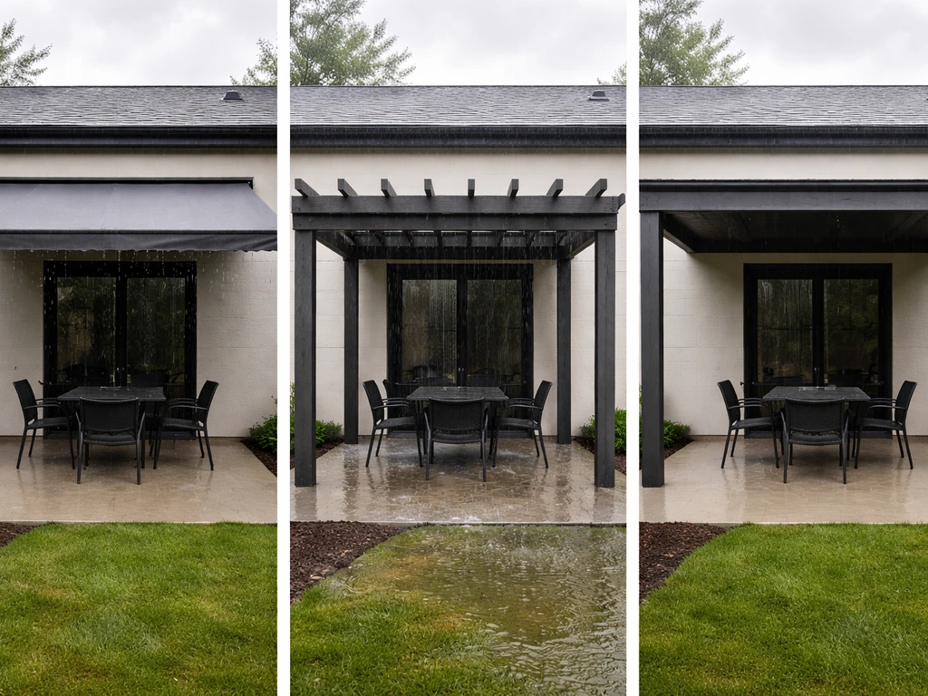 Three simple patio cover setups showing awning, pergola, and full cover with rain protection