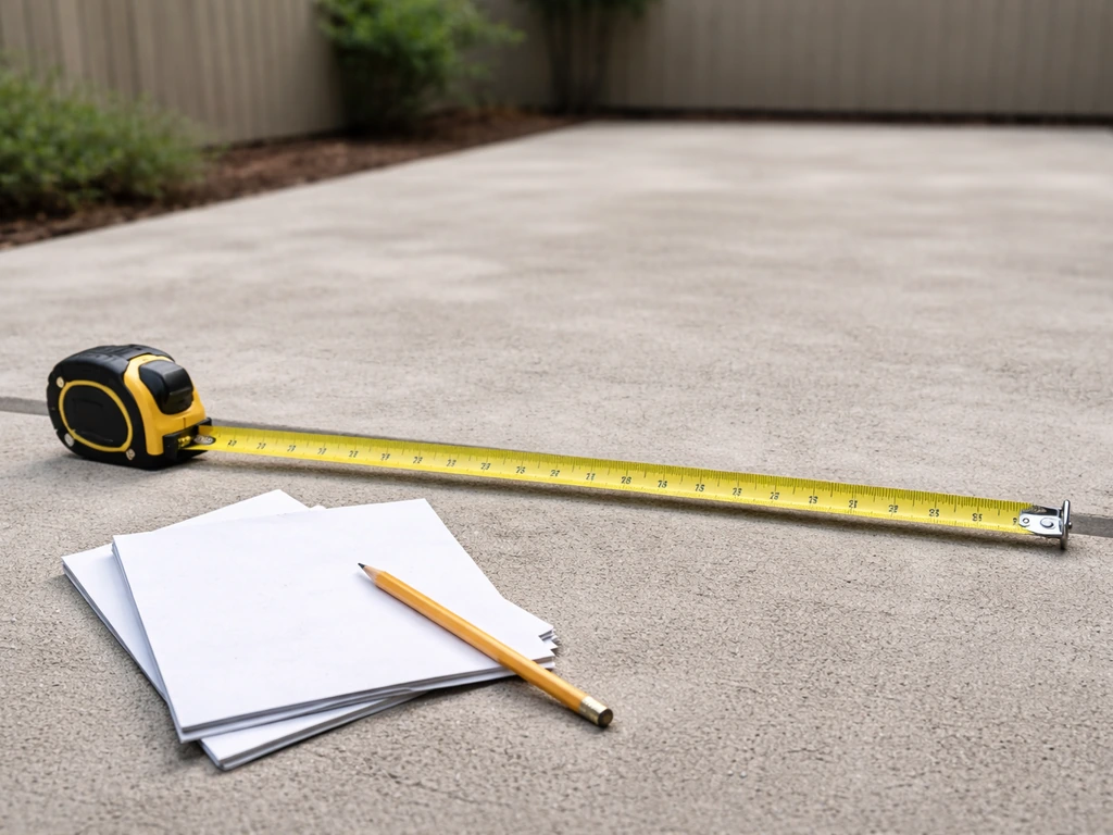 Measure tape over homeowner patio plans and estimator notes showing patio opening size and coverage area