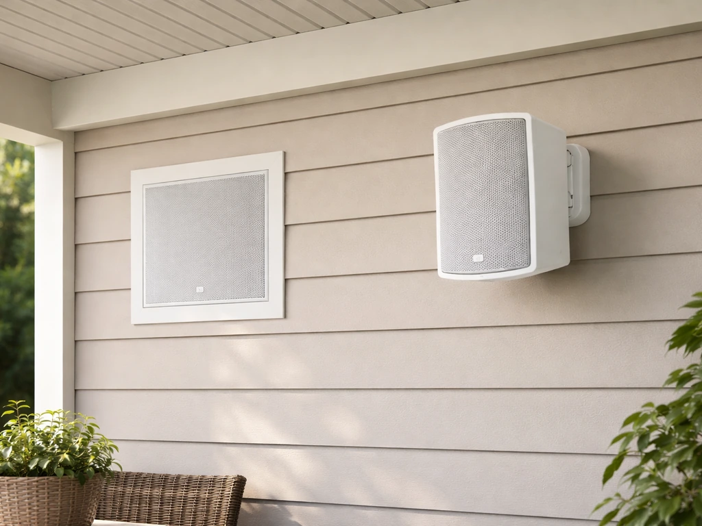 Two outdoor Polk speakers side by side on a patio wall, flush in-wall on one side and surface-mounted on the other.