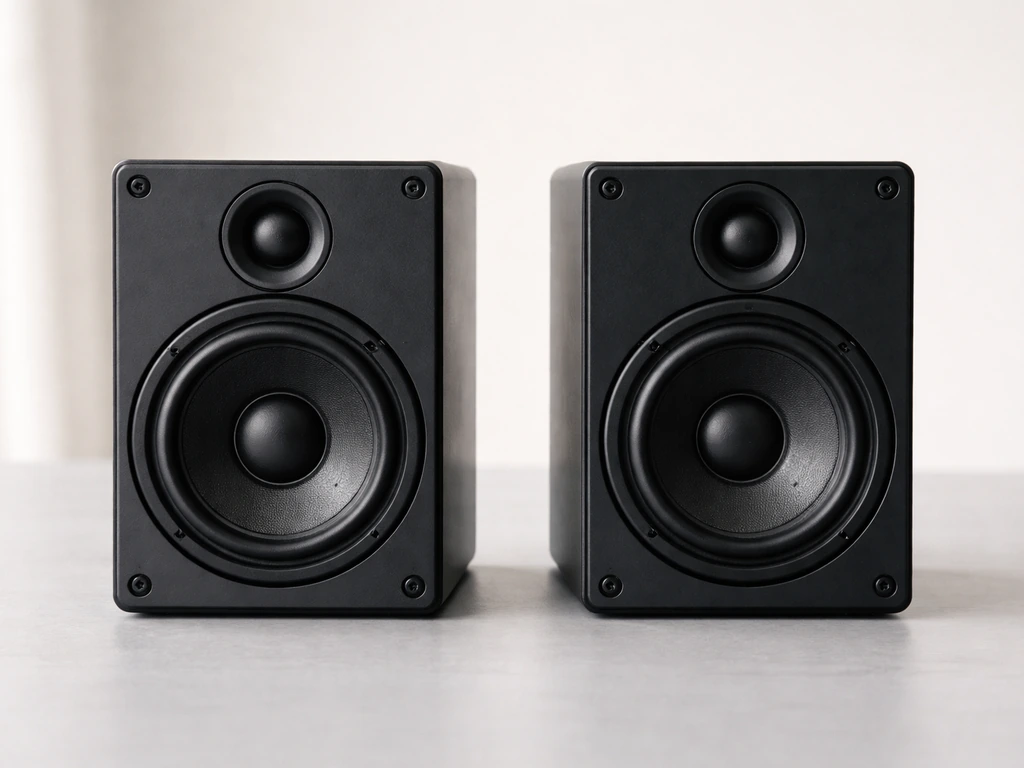 Two anonymous black speakers side by side on a light tabletop, with visible woofers and tweeters.