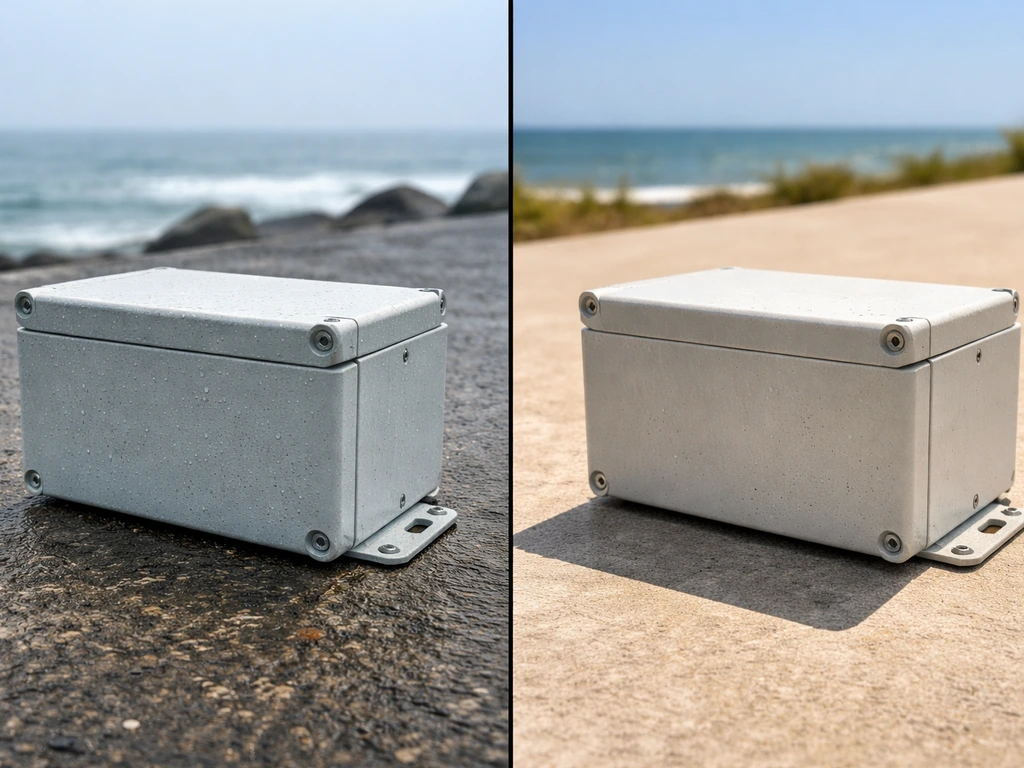 Split view of a durable outdoor device: salt-air side shows corrosion wear, hot-UV side shows sun fading.