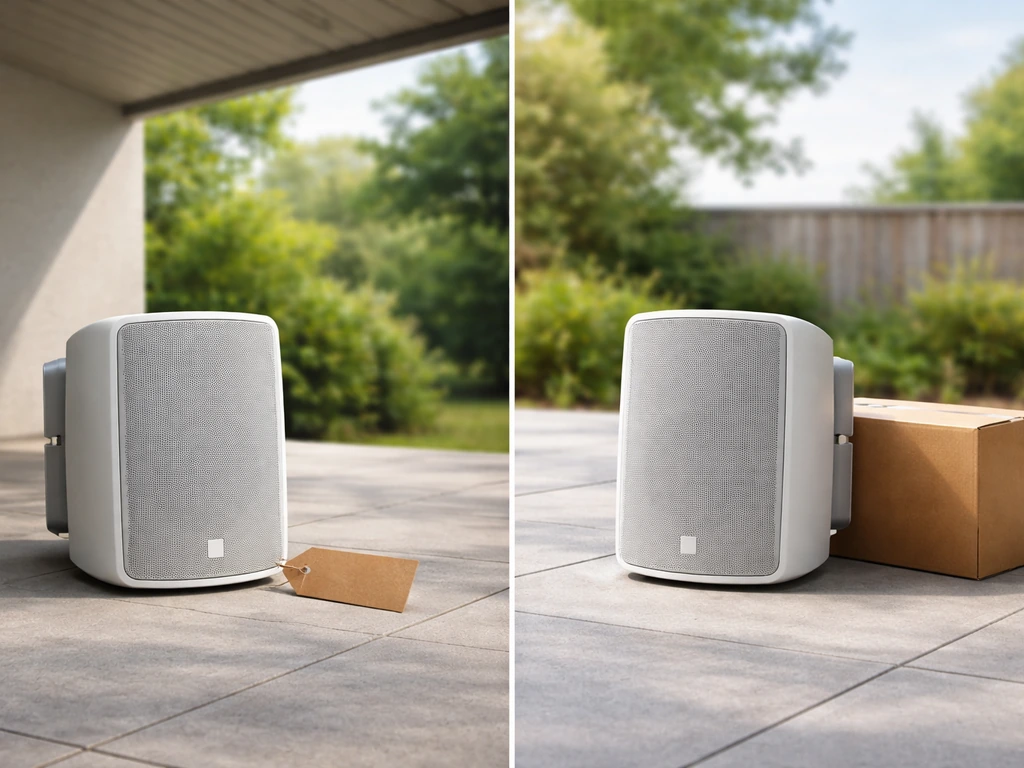 Minimal photo of two outdoor speaker models on a covered patio versus an exposed yard, suggesting budget choice.