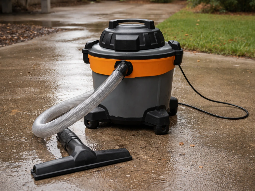 Outdoor corded 10-gallon wet/dry shop-vac on wet concrete with hose and nozzle attached after a storm