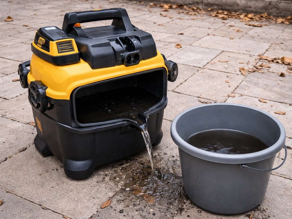 Cordless wet/dry vac on small patio with open wet tank draining, leaves and grit visible