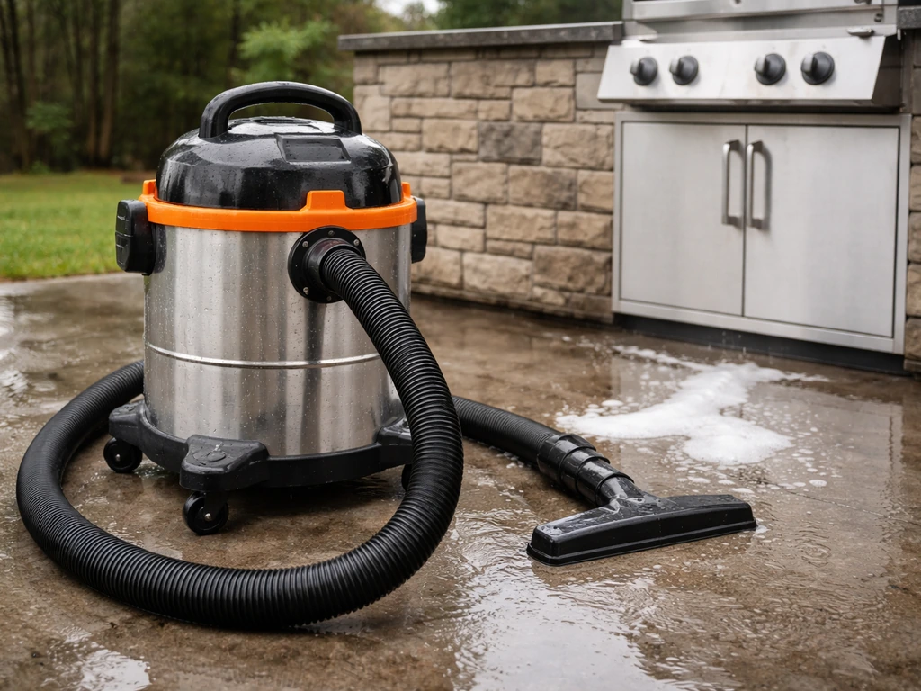 Stainless wet/dry shop vacuum beside an outdoor grill area, ready to pick up rain-soaked soapy mess.