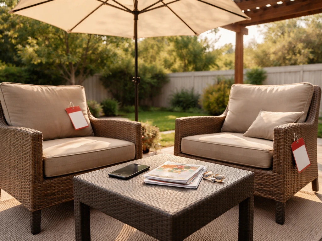Shaded outdoor patio seating with a generic price-tag and discount charm on a small table, no people.