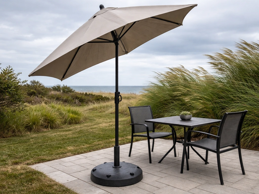 Patio umbrella on a backyard patio, sturdy base emphasized under a windy sky backdrop.