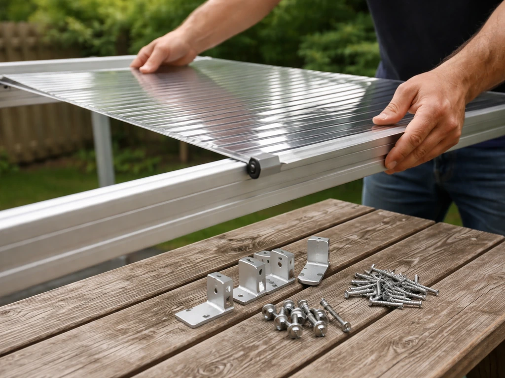 Close-up of clear polycarbonate patio canopy panel and mounting brackets on an outdoor deck table.
