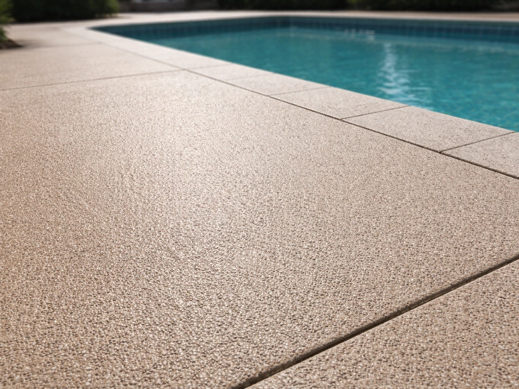 Newly coated pool patio deck with textured, slip-resistant finish and clean edges in bright daylight