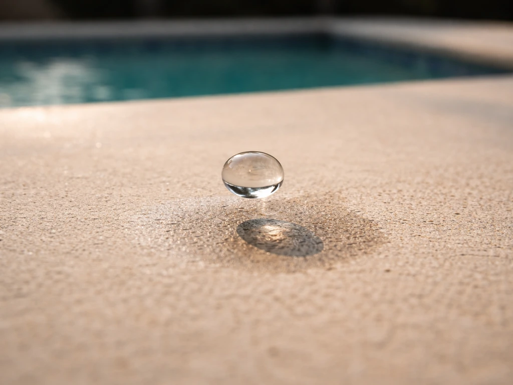 A close-up concrete pool patio surface with a single water droplet testing absorption.