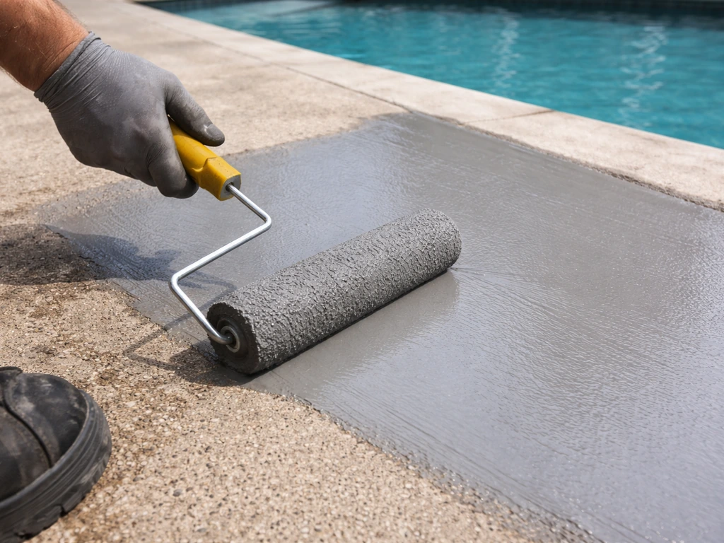 Epoxy primer is being rolled onto bare concrete near a pool deck, showing wet gray coating texture.
