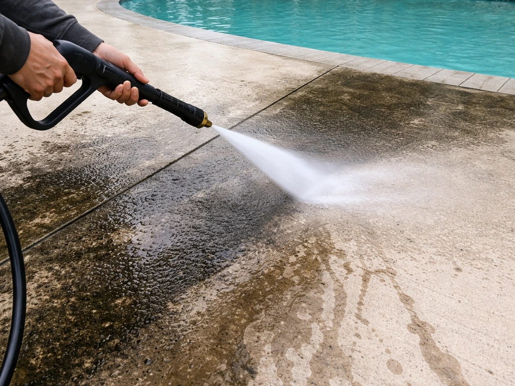 Pressure washing a pool patio concrete surface with runoff visible, algae stains lifting before painting.